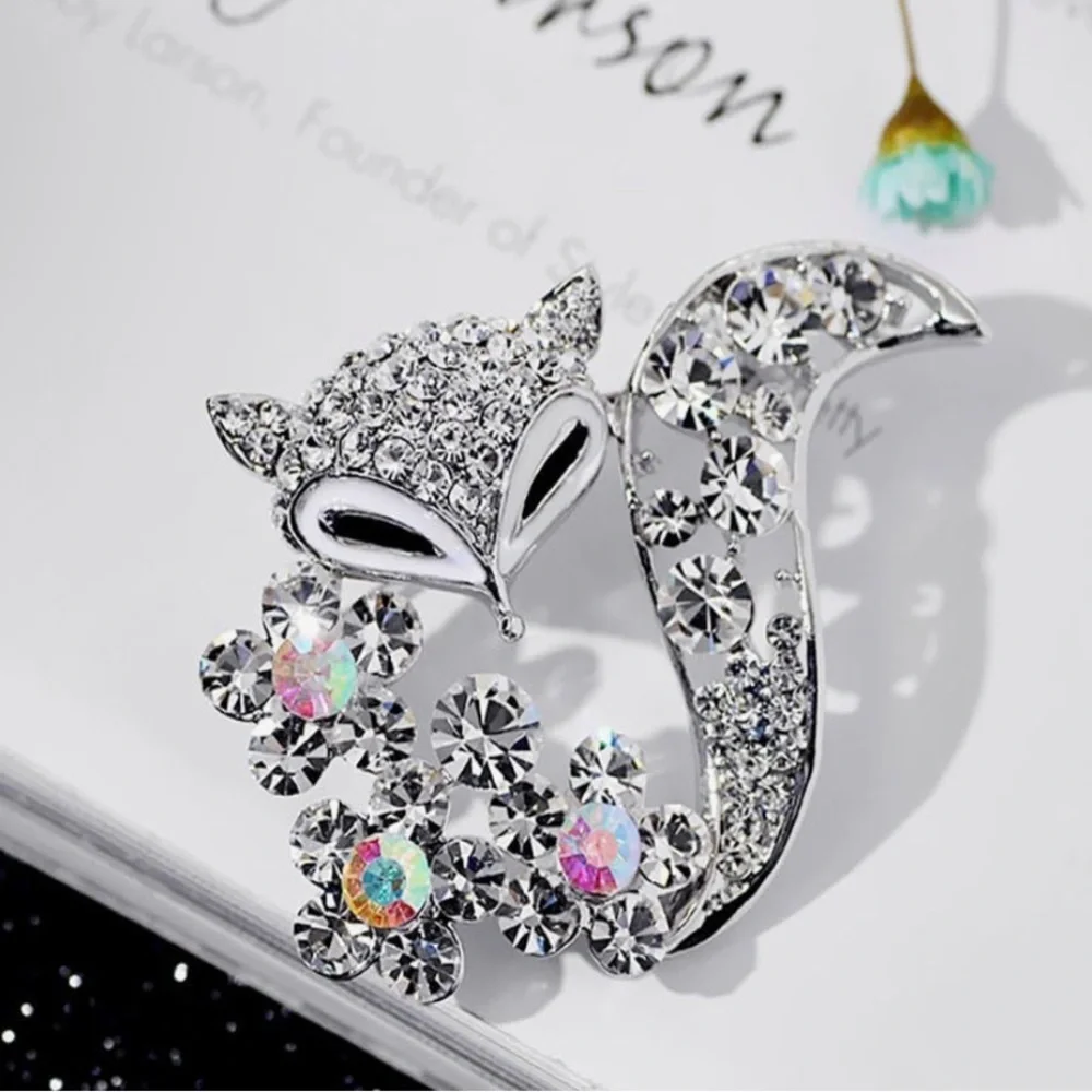 Silver Crystal Fox Brooch with Iridescent Floral Accents
